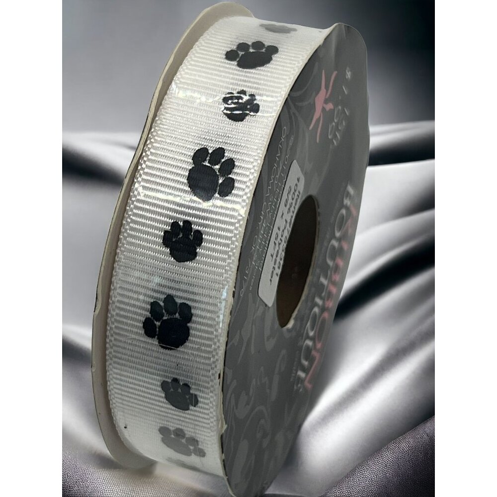 White Black Paw Print Grosgrain Ribbon 5/8" x 15' New Pet Wreath Crafts Bow